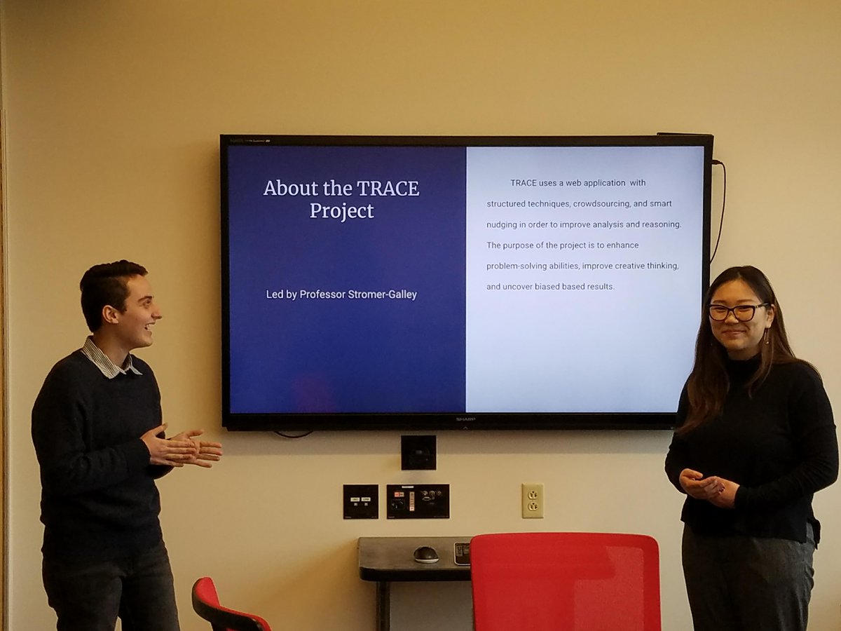 CCDS_SU's tweet image. Superstar undergrads Audrey Lew and Jordan Correia present their evaluation of CCDS&apos; #TRACEProject (ccds.ischool.syr.edu/projects/trace/). We are thankful for all of your hard work, and excited to implement these recommendations into our project!