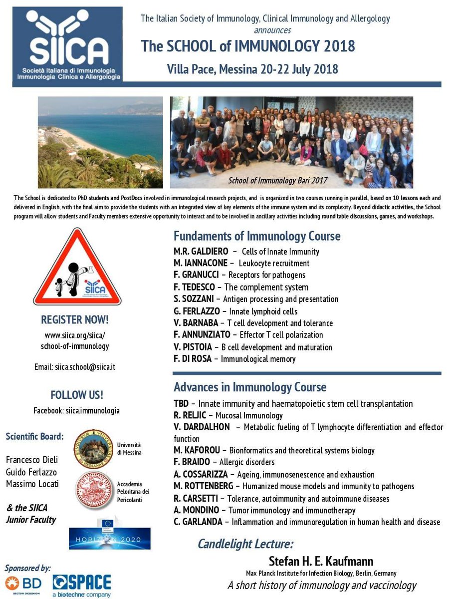 fedeu283's tweet photo. The Societa' Italiana di Immunologia Clinica e Allergologia (SIICA) organizes the second edition of the SIICA School of Immunology for PhD students and post-docs involved in immunological research projects (20-22 July, Messina).

Info:siica.amministrazione@siica.it; 333 4398196 https://t.co/83t24NeCEh