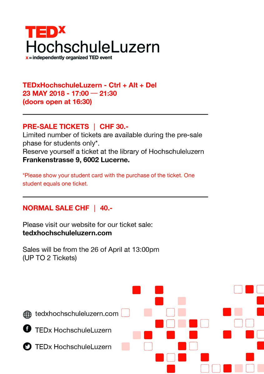 tedxhslu's tweet photo. Be ready for the TICKET SALE!
A limited number of tickets will be available during the pre-sale phase for students only. (Please show your student card)
Reserve yourself a ticket at the library of Hochschule Luzern Wirtschaft
Frankenstrasse 9, 6002 Lucerne. https://t.co/Qdquq6Ugir
