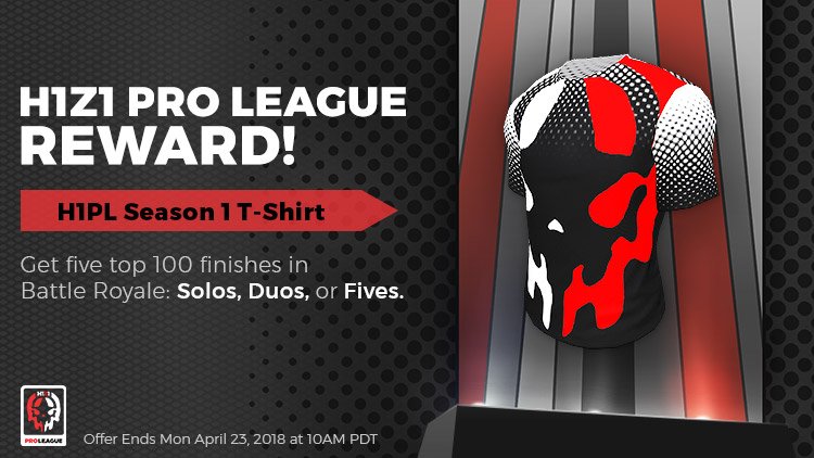 H1Z1's tweet photo. Celebrate the @H1Z1ProLeague Premiere Weekend with us IN-GAME, and earn the H1PL Season 1 T-Shirt! Get full details on this reward and all the weekend events here >> https://t.co/9hb3IlXnqH https://t.co/QRzhyWGp5O