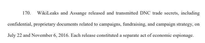 I know Assange is unpopular, but I hope everyone can see some of these theories in the DNC lawsuit against WikiLeaks are crazy. 

If it actually was accepted by a judge/jury, countless journalists would be liable for all sorts of campaign related reporting in the future.