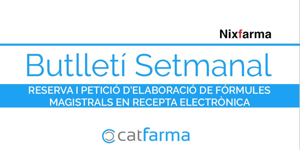 Catfarma's tweet photo. Ja està disponible el #catbutlletí d'aquesta setmana:
"RESERVA I PETICIÓ D'ELABORACIÓ DE FÓRMULES MAGISTRALS EN RECEPTA ELECTRÒNICA"
👉 https://t.co/phfCf1Z5PL 👈
Bon treball i bon cap de setmana a tothom!
#nixfarma #farmàcia https://t.co/gzeaanEVCa