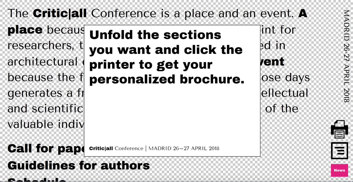 criticallconfer's tweet photo. Proud of our web design by Hyperstudio recently published in https://t.co/L5h5gOcDZt Take a look and print your own personalized brochure https://t.co/7WfD4ShKxT before joining us 26-27th April for @criticallconference at ETSAM  #architecture #criticism #dpaetsam #etsam https://t.co/HNXBKnE6j3