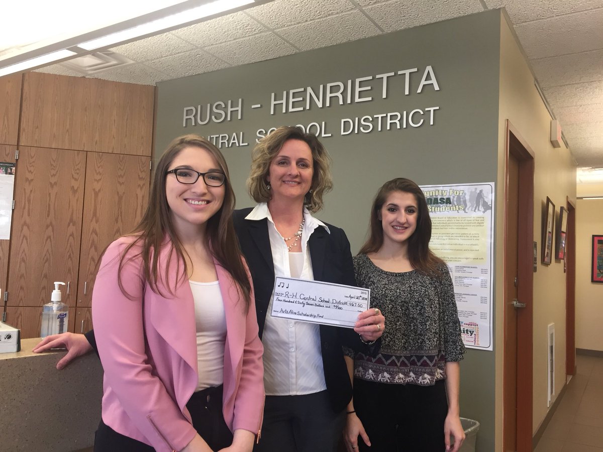 Dr_Koster's tweet photo. Nazareth College C-NYSSMA/NAfME students presenting a check to Donna Watts and the Rush-Henrietta Arts Alive! Scholarship fund. Our Music Ed majors raised $930.00 during our MIOSM Practice-A-Thon. Proud to partner with an amazing R-H Tri-M chapter!! https://t.co/onGulk5M8N