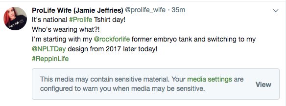 NPLTDay's tweet photo. @prolife_wife @rockforlife Why is every media post flagged as 'sensitive material'? 🤔 https://t.co/14YUgWy4bK