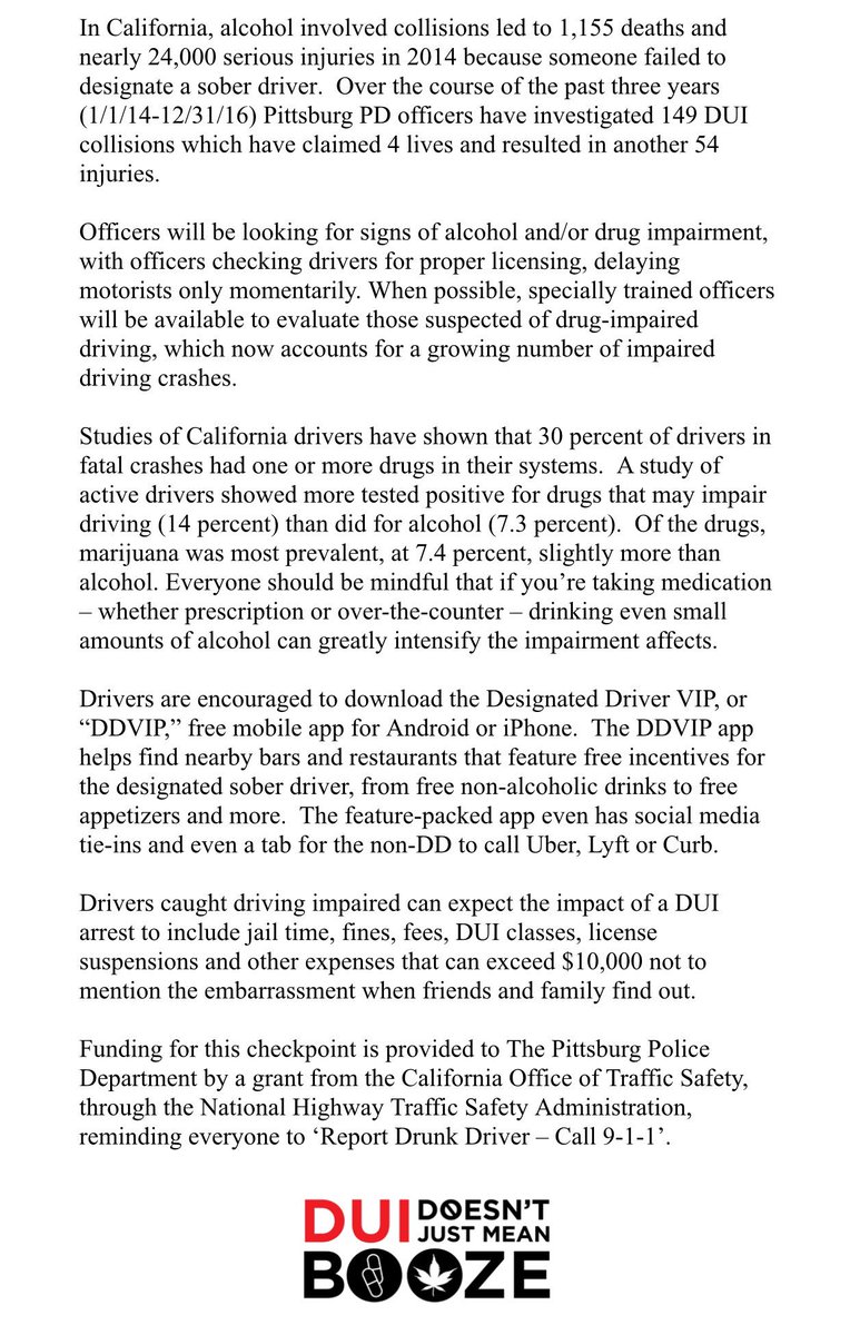 PittsburgPD's tweet image. ⚠️ #DUI checkpoint tonight in #Pittsburg ⚠️ #DUIDoesntJustMeanBooze #DriveHighGetADUI #420Day #DriveSober #DriveSafe