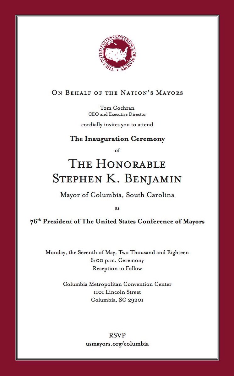 SteveBenjaminSC's tweet photo. Honored &amp; grateful to lead America’s mayors as I assume the Presidency of @usmayors on May 7th. I hope you’ll join us for the inauguration. Looking forward to an incredible year of bipartisan solutions as well as advocating for our citizens &amp; America’s great cities. 🙏🏾🇺🇸 https://t.co/uPrMDiDTC2