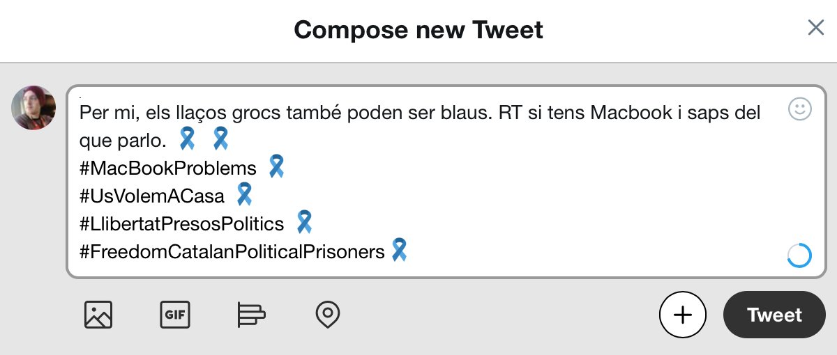 VoiceForTheFew's tweet photo. Per mi, els llaços grocs també poden ser blaus. RT si tens Macbook i saps del que parlo. 🎗 🎗
#MacBookProblems 🎗
#UsVolemACasa 🎗
#LlibertatPresosPolitics 🎗
#FreedomCatalanPoliticalPrisoners🎗 https://t.co/9R2RUowYHI