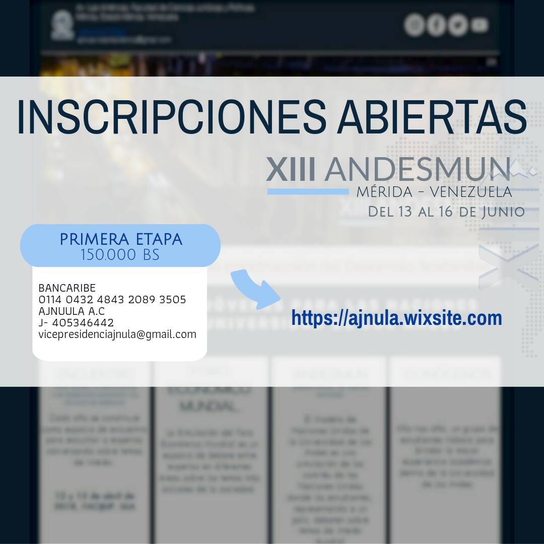 ANDESMUN's tweet photo. Las inscripciones para nuestro #XIIIAndesMUN inician el día de hoy. 
Ingresa a nuestra página web, escoge el comité y el país de tú preferencia. Una vez hecho esto, transfiere tu inscripción a la cuenta de la imagen y llena el formulario que encontrarás en la página #AndesMUN2018 https://t.co/0KiKGqyw9x
