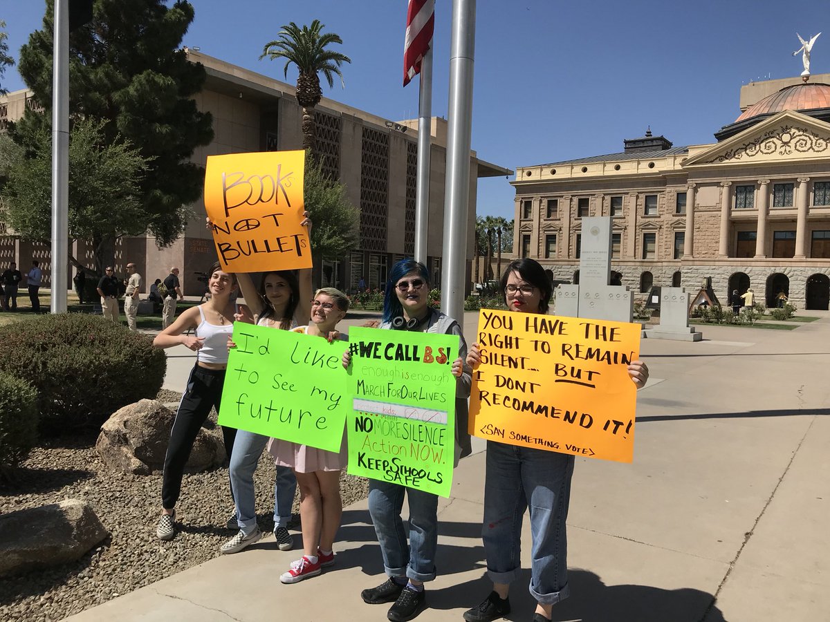 dustingardiner's tweet image. HAPPENING NOW: Students demanding gun-control laws starting to arrive at Arizona Capitol. They plan to occupy state buildings for a die-in protest on anniversary of #Columbine.

Huge police presence here, w/ SWAT team. #MarchForOurLives #2ndAmmendment #GunViolence @azcentral
