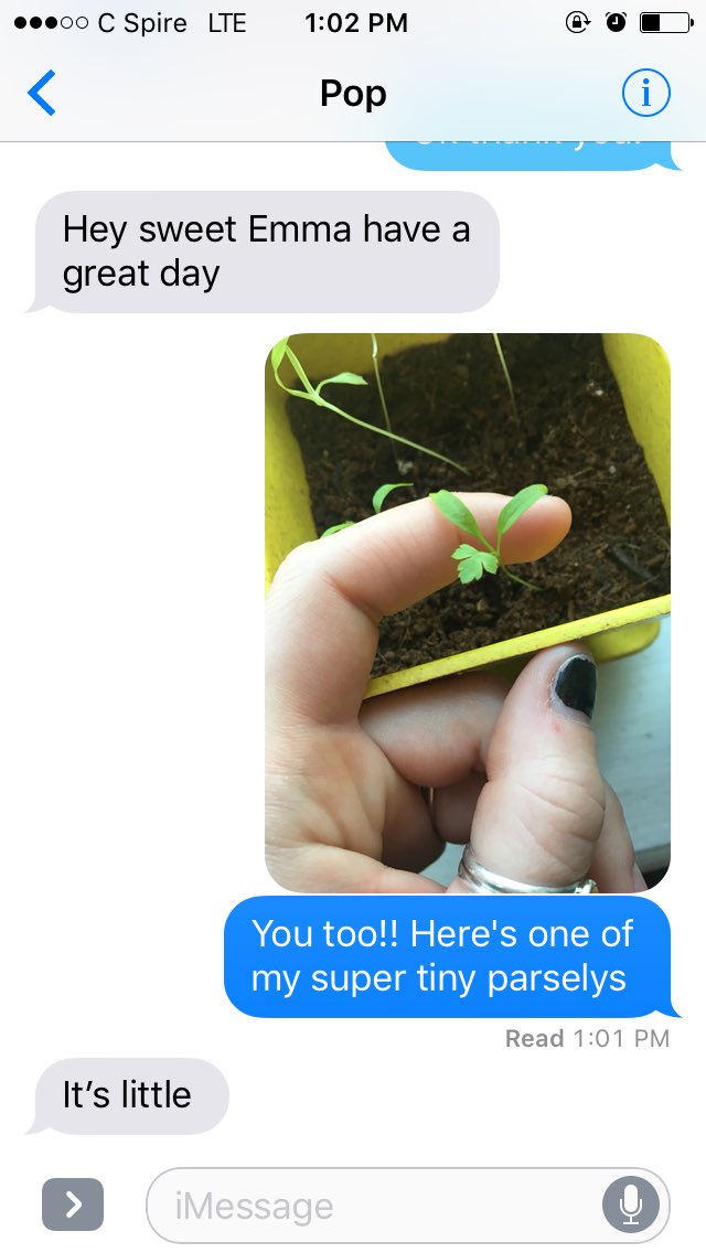 EmmaCounce's tweet photo. There's nothing that I love more in the whole entire world than texting my grand father. I'm in class holding my hand to my heart. https://t.co/BYEleoIyAC