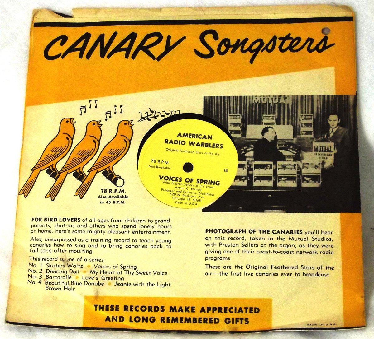 American Bird Products Inc. didn't just make canary food. For 25 years, they sponsored a popular WGN radio show called American Radio Warblers--featuring the "Original Feathered Stars of the Air." Whatever you're imagining it was, I promise, it was better.
madeinchicagomuseum.com/single-post/am…