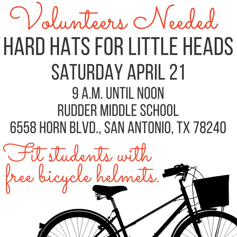 BCMSAlliance's tweet photo. Volunteers needed!  Spend your Saturday morning fitting children with free bicycle helmets to help prevent traumatic brain injuries as part of the BCMS Alliance’s #HardHatsforLittleHeads initiative.
#medicalspouse #familyofmedicine #bexarcounty #sanantonio https://t.co/mQ6qAqOdW9