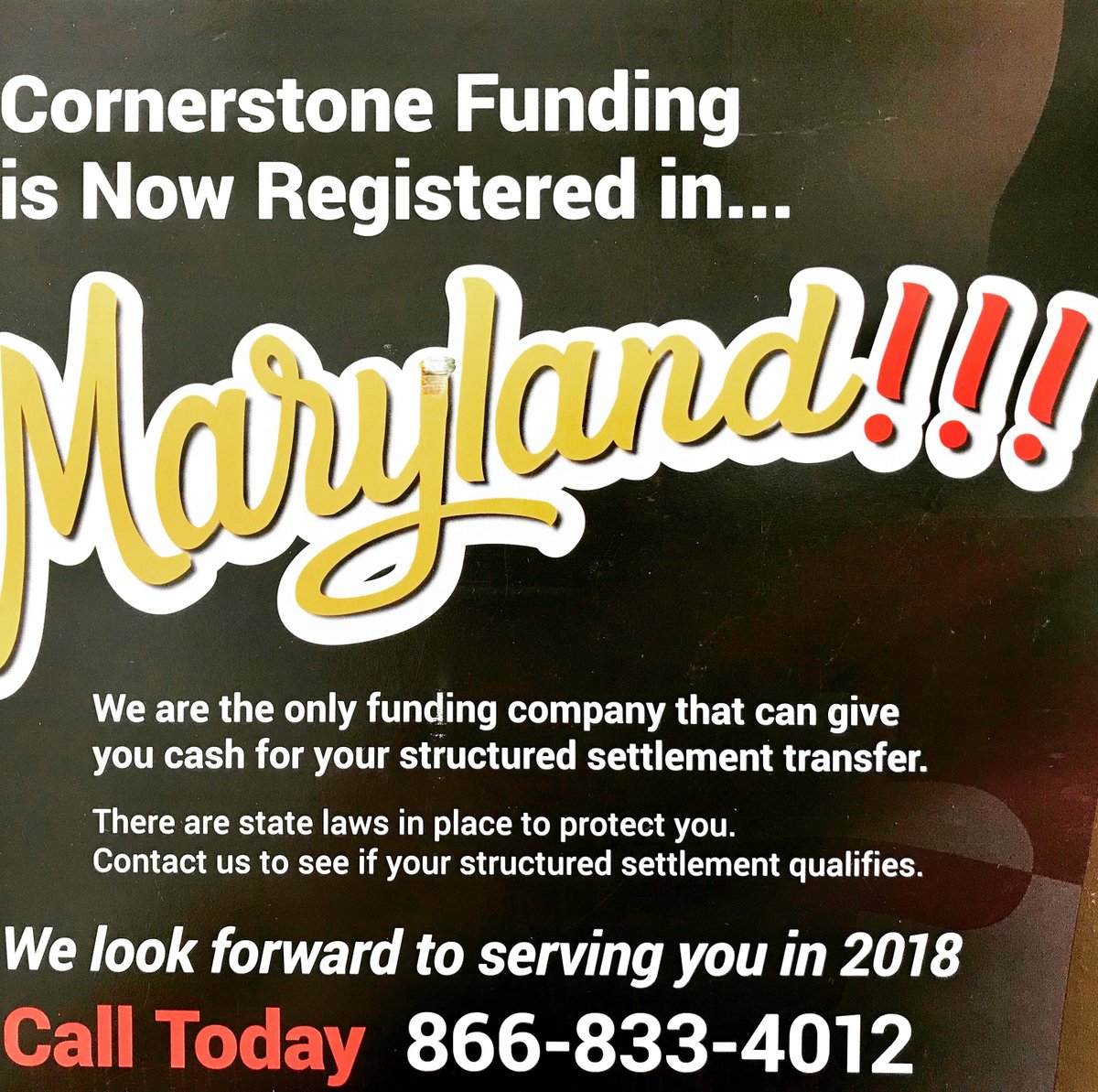 CornerstoneFLLC's tweet photo. Call Cornerstone Funding today to find out why we’re the only company in the industry allowed to do transactions in #Maryland! #proud #structuredsettlement #annuity #lottery #winner #sellyourpayments #cash #lumpsum #invest #retirement #debt #studentloans #attorneygeneral https://t.co/N0N6p0CUcP