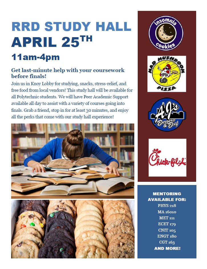 PurdueCIT's tweet image. Don&apos;t miss out on the study hall that RRD is putting on on April 25th!

They&apos;re offering snacks, tutoring, and much more!