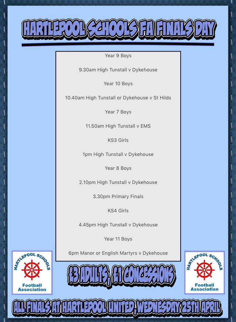 BTBCoaching's tweet photo. @benno_4 RT @HartlepoolSFA: Please find the confirmed schedule for our Finals Day at Hartlepool United. 

Would be great to see some big crowds in attendance to cheer on our boys &amp; girls.

Please RT! https://t.co/rJnU0zy5Db