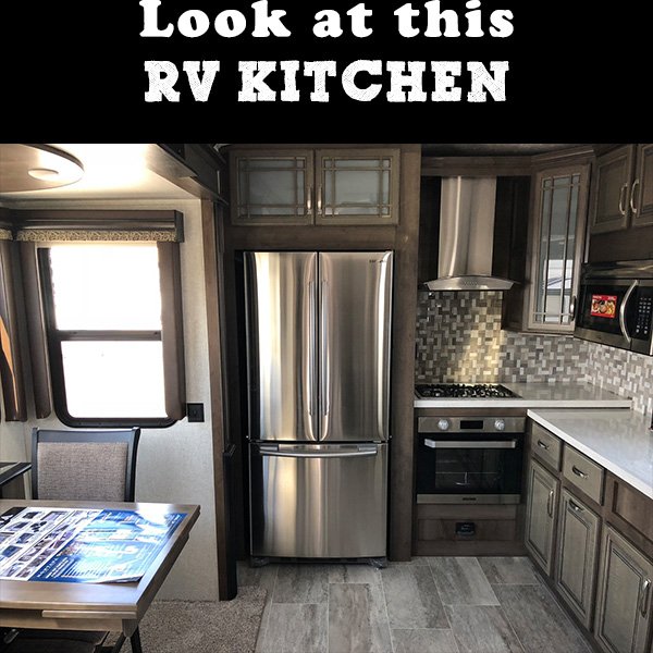 CORVCenter's tweet photo. Most luxurious RV kitchen available. Montana 3701LK all new. Residential fridge, upgraded high-end oven/stovetop, Range hood, and Large countertop makes you feel right at home. #camping #montana #colorado #keystonerv #glamping #letsgocamping #outdoors https://t.co/LGbOxN9Mpc