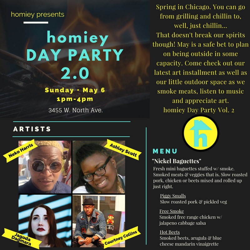 yourhomiey's tweet photo. The second homiey DAY PARTY is coming up on Sunday, May 6! Join us for another afternoon full of 🎨#art, 🍖food and 🎶music! BYOB🍻, kid friendly 👶🏽 Visit: https://t.co/p9WhGmRCyf for more info! 
#chicagoartist #artshow #gallery #artspace #music #humboldtpark #playwithhomiey https://t.co/5PuMlIPrRr