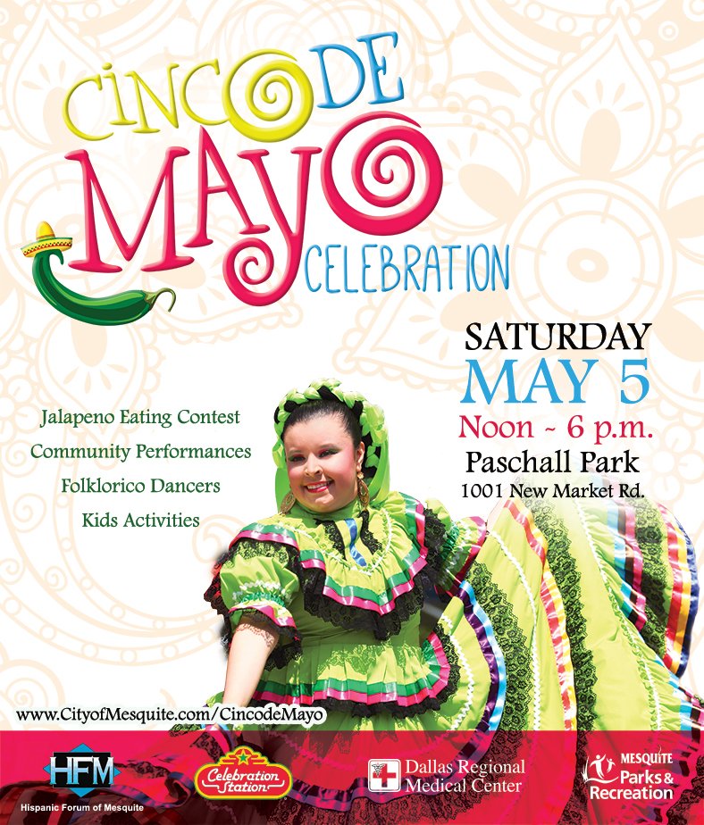 cityofmesquite's tweet photo. Join us on May 5, 2018 from noon to 6 p.m. at Paschall Park located at 1001 New Market Rd. for a Cinco De Mayo Festival. For more information visit https://t.co/K71GhAusvu
#CincoDeMayo, #RealTexasFun, #MesquiteParksandRecreation https://t.co/1VoIVYwf4k