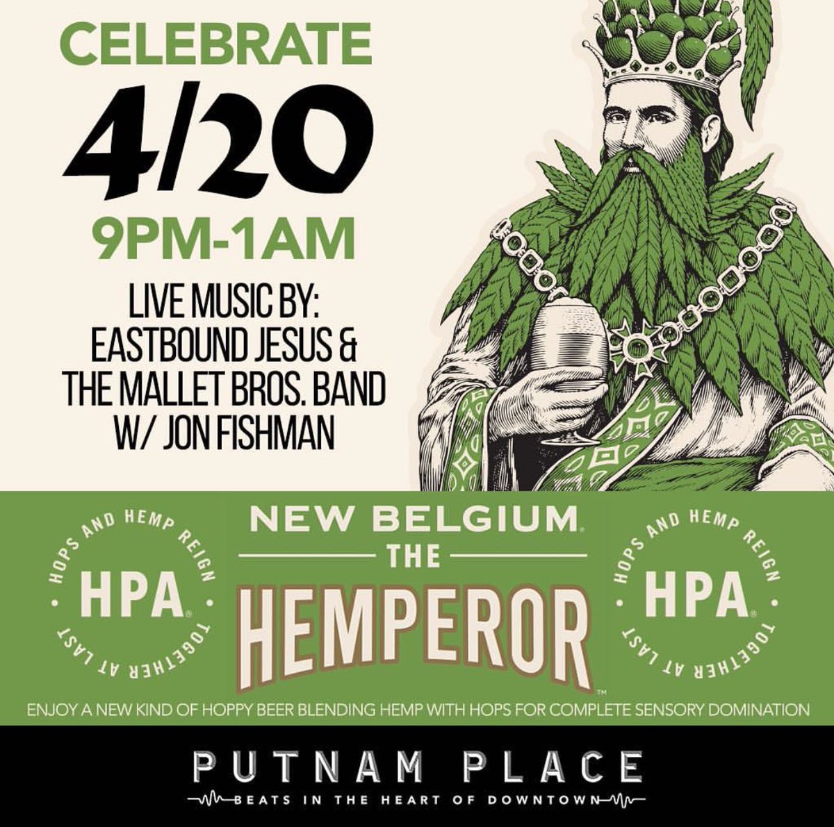 Tonight‼️ Come celebrate 420 at Putnam Place with Eastbound Jesus and The Mallett Brothers Band featuring special guest Jon Fishman on drums 🎶🔥🍁
