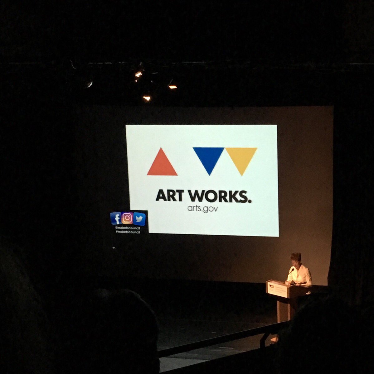 Happy 50th Birthday <a href="/mdartscouncil/">Maryland State Arts Council</a> - <a href="/NEAJaneChu/">Jane Chu</a> spending a moment to ‘brag on MD’ at tonight’s anniversary program #mdartscouncil #artworks #baltimoretheater