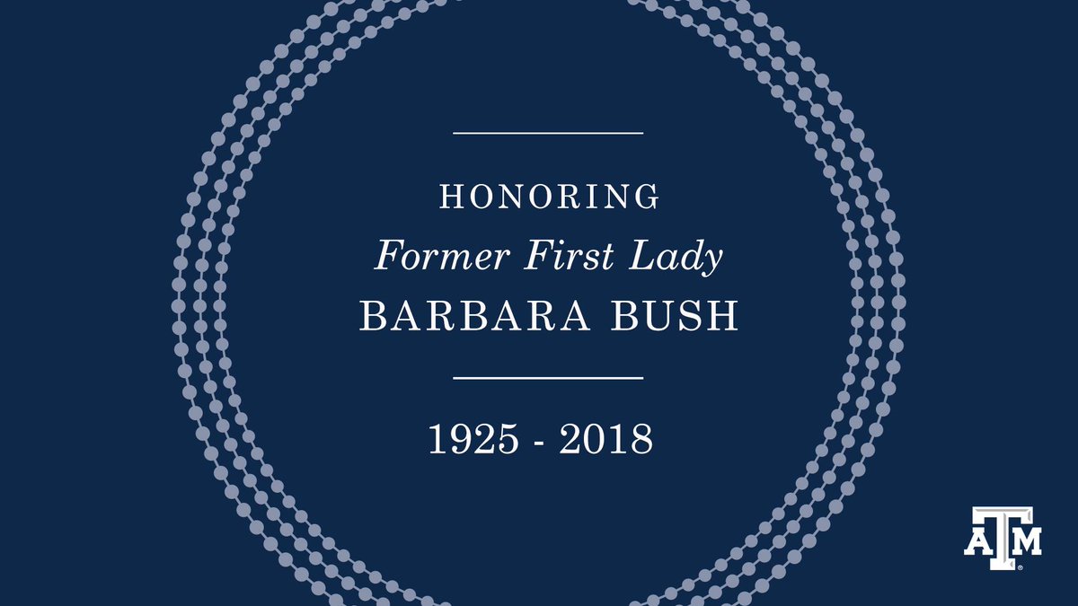 dark blue graphic with pearls and text reading "Honoring Former First Lady Barbara Bush, 1925-2018"