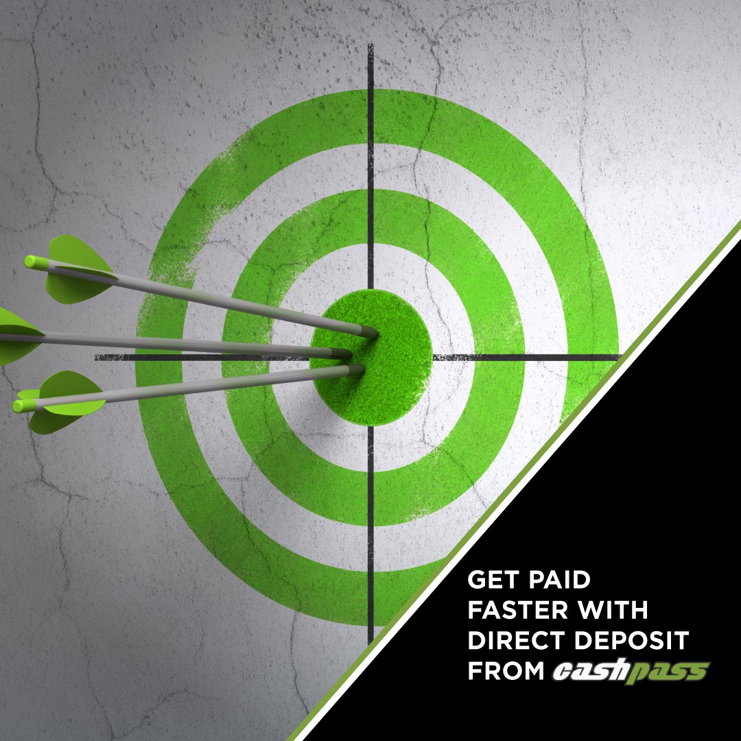 CashPassNetwork's tweet image. Safety. Security. Speed. BULLSEYE!
Sign up for direct deposit with your Cashpass card and that's what you get! Get paid from your employer up to 2 days faster!
Free set up. No fees for a minimum balance.
LEARN MORE at cashpass.com/direct-deposit/