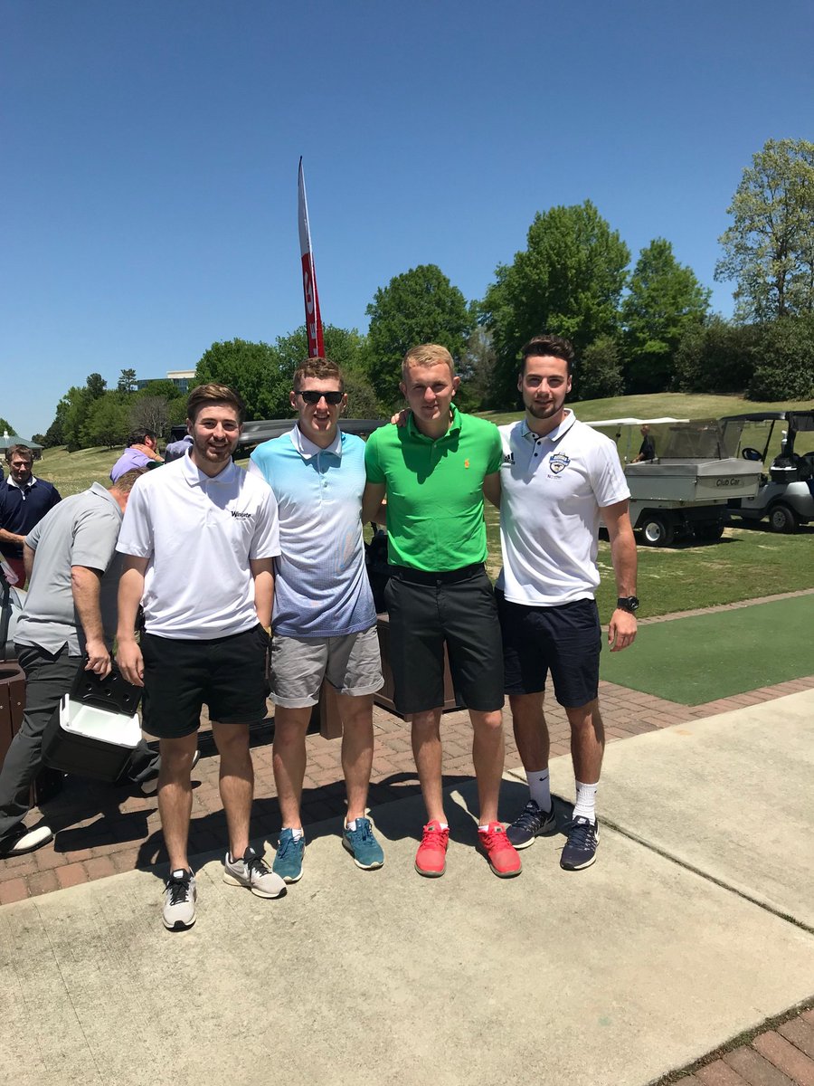 WISAcamps's tweet photo. @WingateSoccer enjoying a beautiful day, for an awesome cause, the @CSA_Soccer Golf Outing to benefit the scholarship fund. Hit 'em straight boys! @AndyDowds10 @Gadzs_ @AlNelll and GK Coach Sam Raper. #wingategivesback #bulldogs #csasoccer https://t.co/9WnjfFY0kf