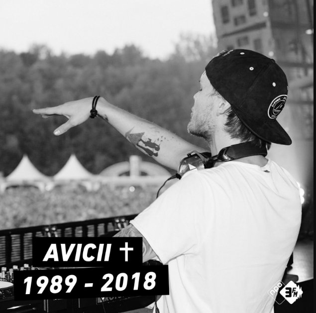 3FM's tweet image. Tussen 14:00 - 16:00 uur hoor je op #3FM in plaats van de @megatop50 een special over @Avicii, die gisteren op 28-jarige leeftijd overleed. Luister mee via 3FM.nl/live. #Avicii