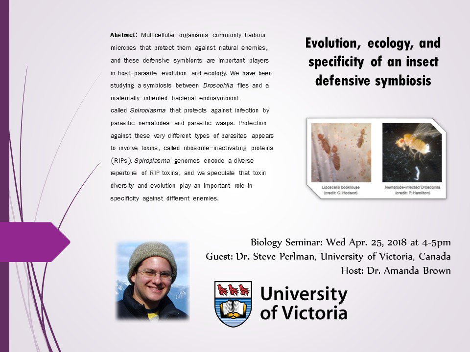 BiologyTTU's tweet photo. Seminar: 25 April 2018 (4-5PM)
Host: Dr. Amanda Brown
Guest: Dr. Steve Perlman https://t.co/4ZhcFH13nR