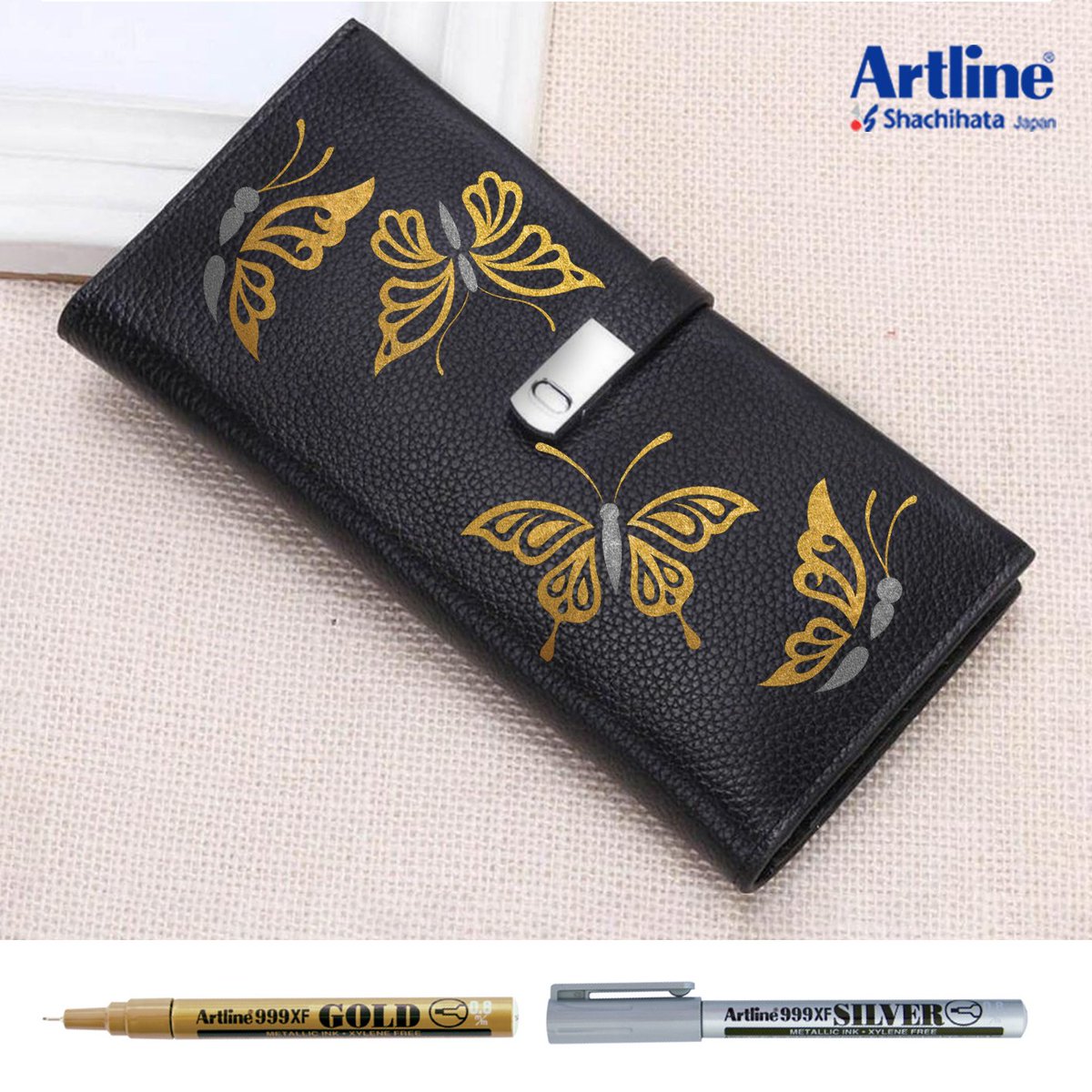 ArtlineIndia's tweet photo. Say goodbye to your boring wallet! It's time to bedazzle it with Artline's Gold and Silver Markers. 
Key features:
- Xylene free marker: The ink used is free from harmful chemical Xylene.
- Excellent Metallic finish
Available on Amazon: https://t.co/8hmZ0VOfKO https://t.co/MoJMitVSyV