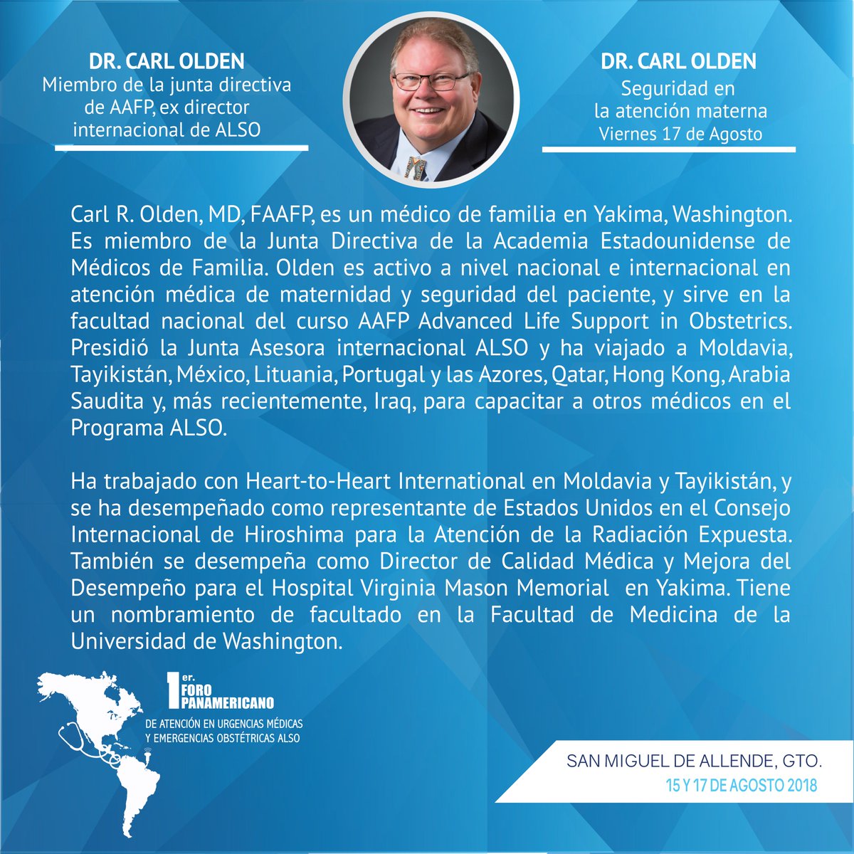 El 1er Foro Panamericano PACE de Atención en Emergencias Médicas y Emergencias Obstétricas ALSO se enorgullece en contar con la presencia de Carl Olden, fundador y médico principal de ‘Pacific Crest Family Medicine’. goo.gl/xDbgUB #SomosPACE