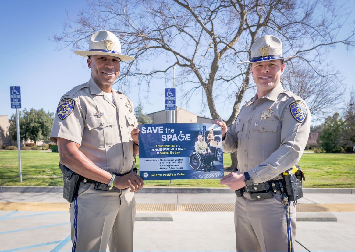 CA_DMV's tweet image. The @CHP_HQ joins the DMV in asking you to #SavetheSpace. Download and display a poster to remind the public that fraudulently using a disabled person parking placard is against the law. bit.ly/2F2hPa3
