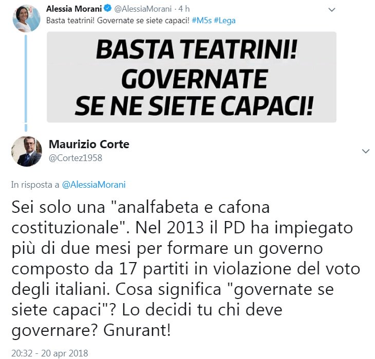 Mauri05_2020's tweet photo. Alessia Morani farebeb bene a ripassare il diritto costituzionale. "Governate se siete cappaci" significa che il M5S ha vinto le elezioni, Di Maio ha ricevuto l'incarico, ha trovato una maggioranza, ha sciogliendo la riserva a Mattarella, ha chiesto e ottenuto la fiducia. Somara. https://t.co/JJ7KaRfIxL