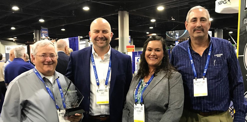 corkeninc's tweet photo. George Jenkins and Art Laszlo present Bob Barry and Lauren Clark with Top Ten Distributor Award at the 2018 Southeast NPGA Expo. https://t.co/Alt6LM4W2g