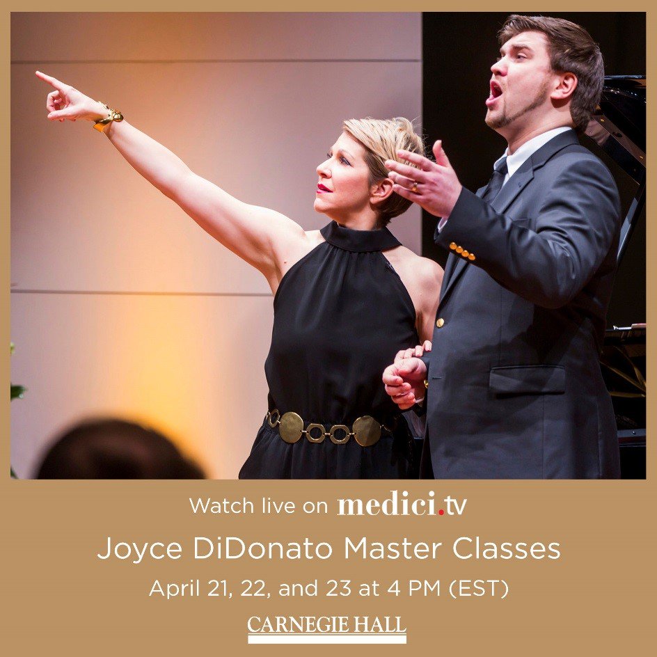 carnegiehall's tweet photo. Mezzo-soprano @JoyceDiDonato returns this weekend for her annual series of master classes for young opera singers. Watch them live, in partnership with @medicitv, April 21, 22, and 23 at 4 PM at https://t.co/shqWCqF2se. April 22 will also be available at https://t.co/KsEUy3LB3b. https://t.co/GSxGpPGo0d