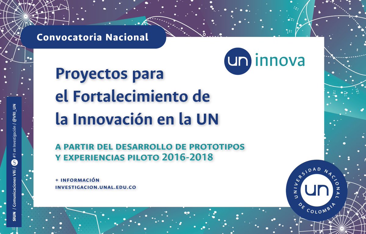 VRIUNAL's tweet photo. Boletín #SIUN 387: Abierta convocatoria @UN_innova Prototipos y Experiencias Piloto (segunda cohorte) / Avales conv. 812 @Colciencias / Presentación @EcosistemaInn #SedeOrinoquia; premiación Reconocimiento #EspírituInnovadorUN
📨https://t.co/nCA0EZavbW #Unal https://t.co/meFDUh56TR