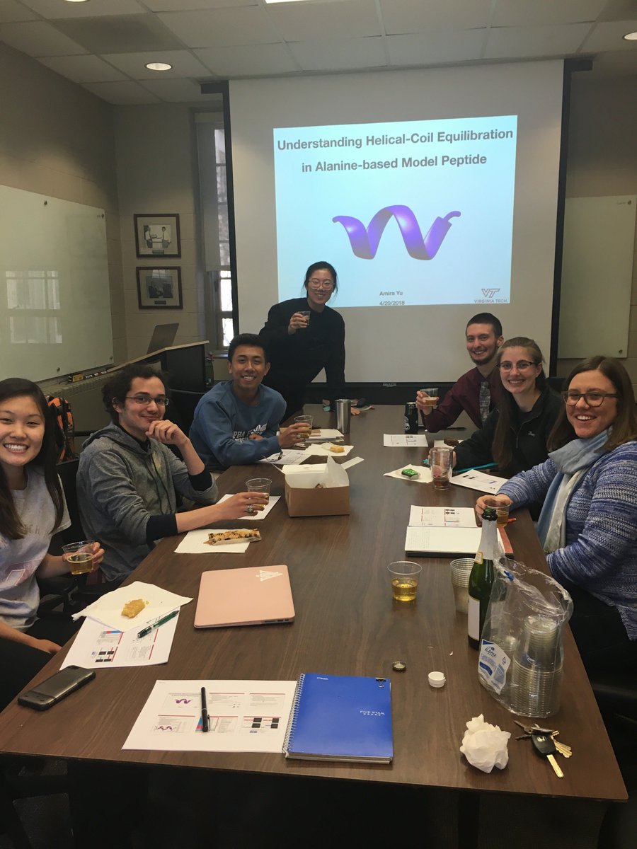 JustinLemkulVT's tweet photo. At group meeting today, we toasted the success of @asalsbur and @DarcyDavidson13 in passing their Qualifying Examinations! Congratulations! #LemkulLab https://t.co/cJdAwx1FiR