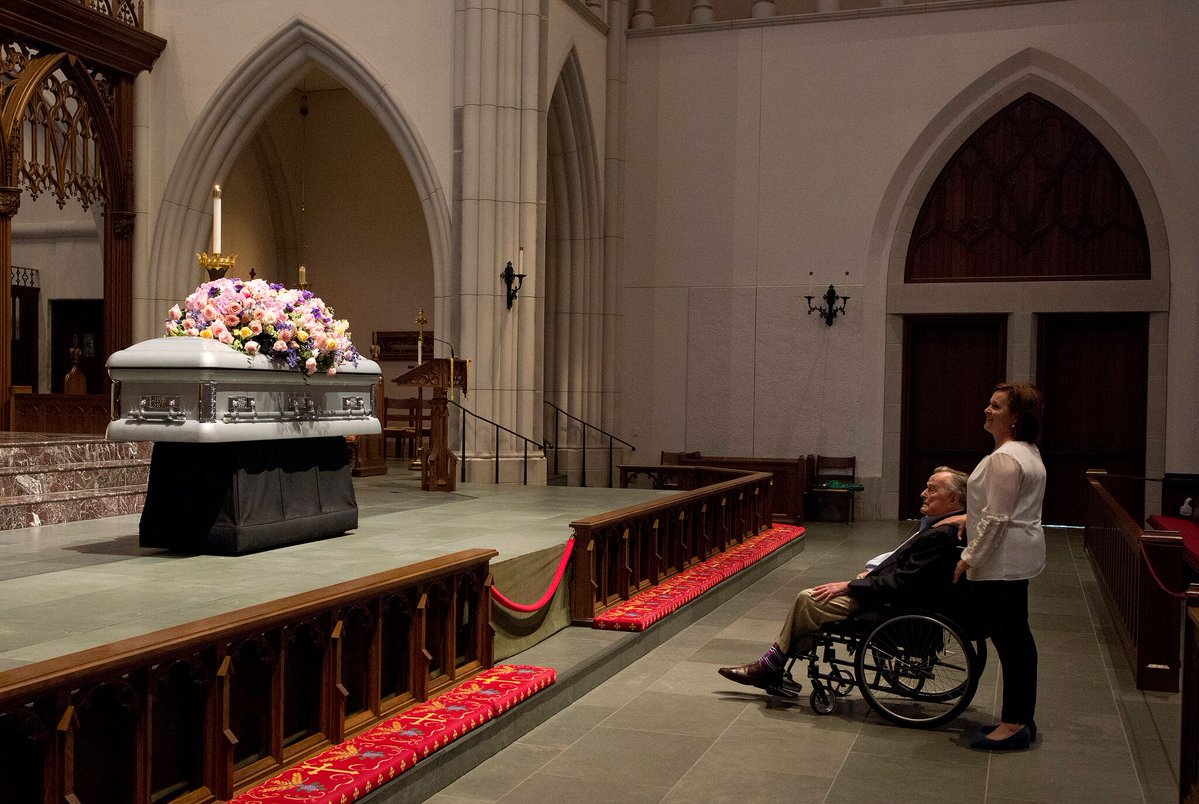 Former President George H.W. Bush and daughter, Dorothy, joined many others Friday in paying respects to Barbara Bush at St. Martin's Church in Houston.