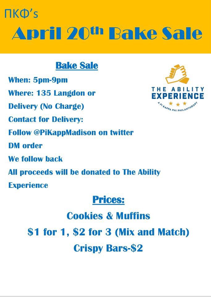 The only thing that could make this gorgeous weather even better is some delicious baked goods! Stop by 135 Langdon this evening or order delivery, all proceeds go directly to the Ability Experience!