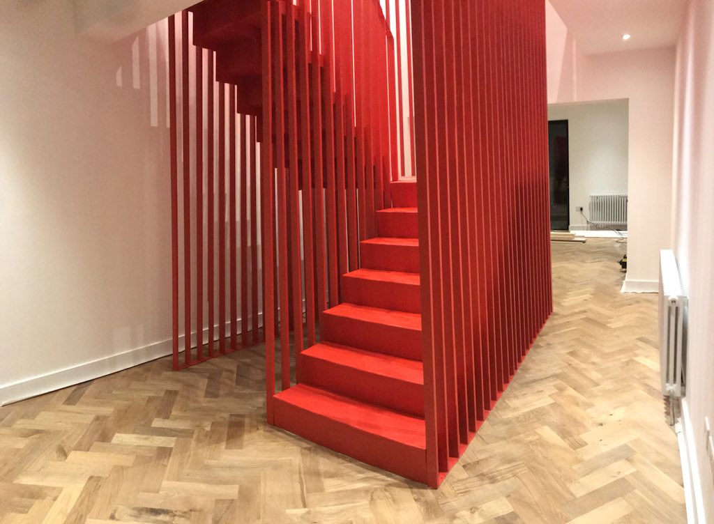 DeanWardEvoke's tweet photo. When you take a risk and design and install a bright red staircase in your home. So so bloody made up!! Looks immense. No doubt a love or hate response! https://t.co/JK5nqr90gh