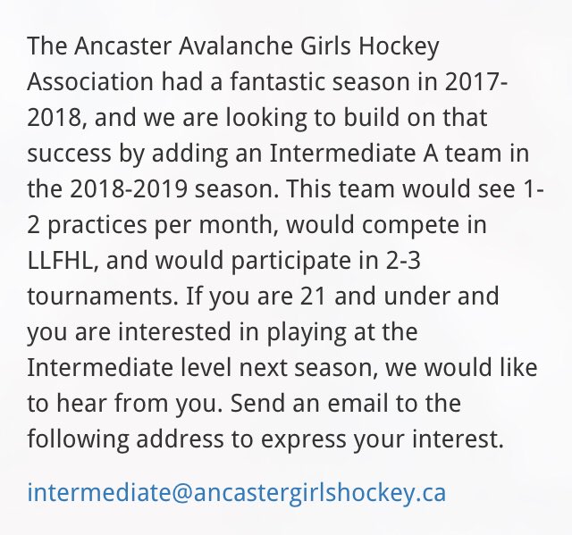 Chrislouisev's tweet photo. Pls RT @AncasterGirls Looking for players interested in playing intermediate a hockey next year, if interested email intermediate@ancastergirlshockey.ca https://t.co/8Q9gCg5jDh