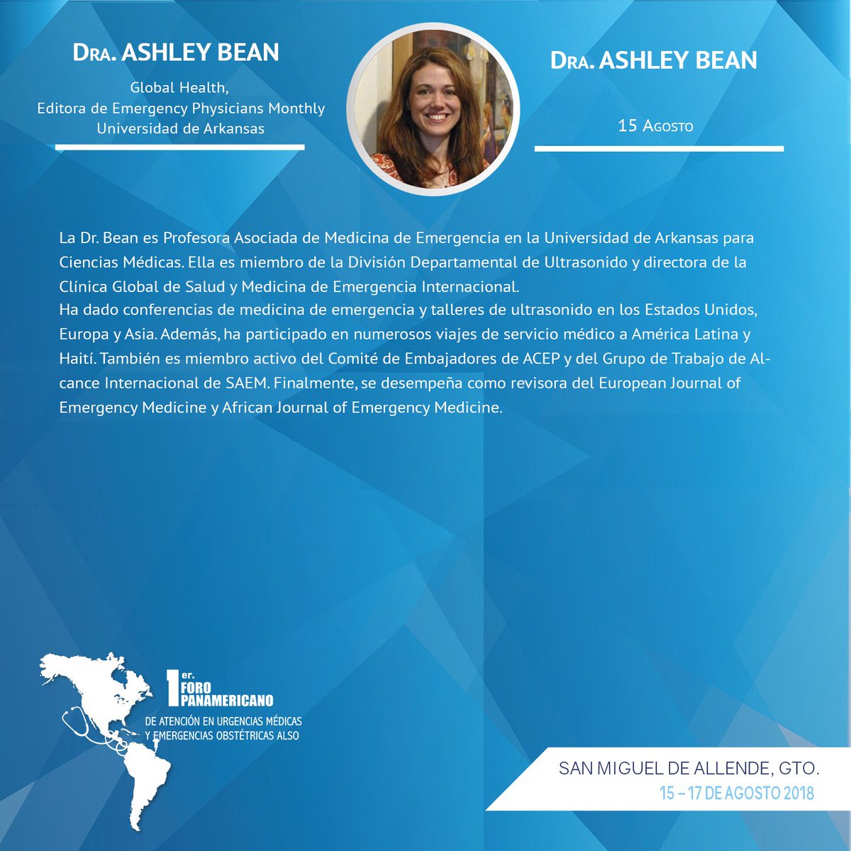 Profesora de Medicina de Emergencia en la Universidad De Arkansas, miembro de la División Departamental de Ultrasonido y Directora de la Clínica Global de Salud y Medicina de Emergencia Internacional, la Dra Ashley Bean: goo.gl/xDbgUB #SomosPACE