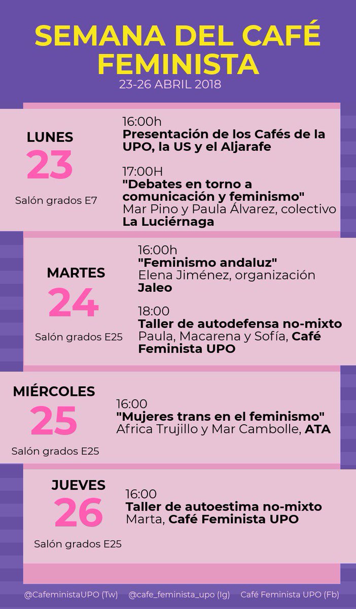 CafeministaUPO's tweet photo. Ya queda menos para nuestra semana del año!! Todavía no has visto la programación de actividades?? Te estamos esperando!! 💜👏 https://t.co/ahy20ET0d5