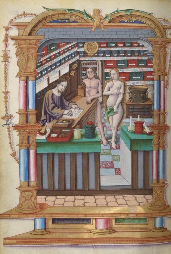 Alexny_85's tweet photo. ¿Jesús, boticario? En esta curiosísima miniatura de principios del s XVI, le vemos redactando una receta para “curar” a Adan y Eva del pecado original. ¿Estarían nuestros primeros padres sujetos al “copago”... ? Crédito: Biblioteca Nacional, París. https://t.co/7vSJ36Nq5q