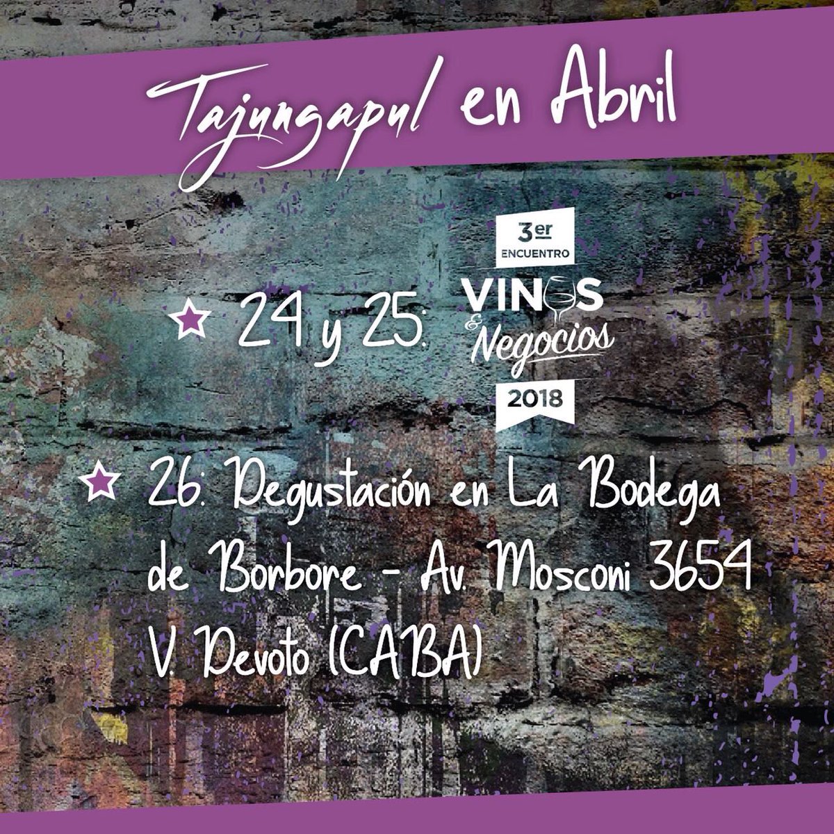 TajunGapulWines's tweet photo. ¡Fe de erropes!
La degustación en @labodegadeborbore es el 26 de abril ¡Próximo jueves! 😬
Y antes #vinosynegocios, 24 y 25.
¡Pronto la agenda de Mayo!
#tajungapul #wines #winedog #abril #agenda #degustacion #borbore https://t.co/NUQrVVqxVU