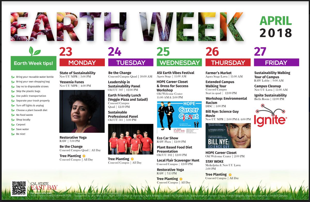 CalStateEastBay's tweet photo. #EarthWeek begins on Monday! Check out the many events that @SustainEastBay has planned. https://t.co/Jjx5JJdanX https://t.co/7JqhWGurOz