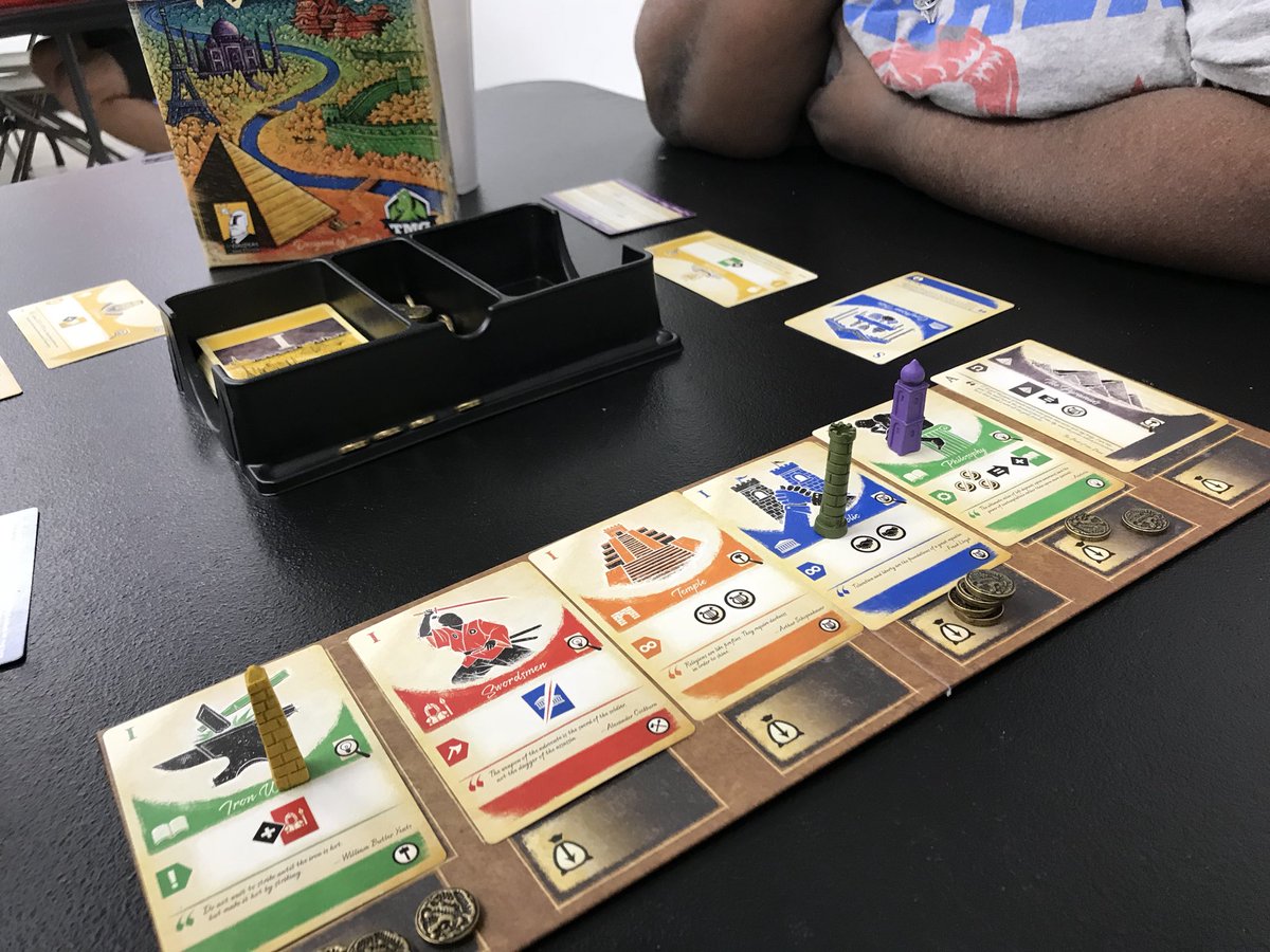 BoardGameGumbo's tweet photo. Another #GumboGameNight in the books. Yes, more #TheFlowOfHistory ! Really enjoying the bidding mechanic, and every play seems to bring out the thematic elements in the cards, plus, just realized that @TastyMinstrel actually made the Pisa Tower lean yet still stand up! @DexEnvoy https://t.co/Ecx2wS8DBj