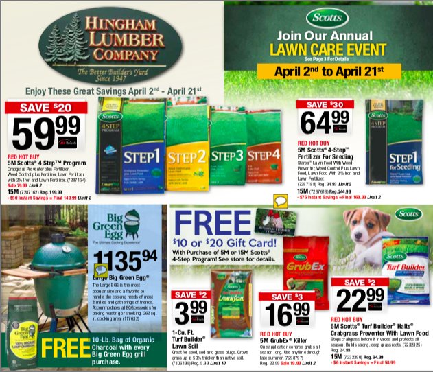 HinghamLumber's tweet photo. Join us at Hingham Lumber tomorrow for our @ScottsLawnCare Event! Meet a Scotts Rep in store from 9-3, we will be serving refreshments and you'll be entered to WIN a $100 Gift Card! #HLCEvent #LawnCare #ScottsLawnCare https://t.co/KSdRycNzDu