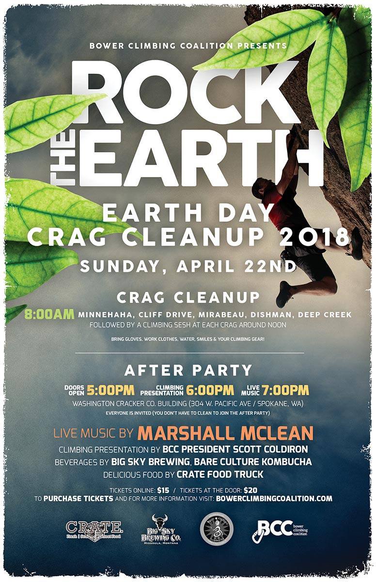 OmegaPac's tweet photo. The Spokane Climbing Community comes together…
2018 Rock The Earth: Earth Day Crag Cleanup
this Sunday at 8 AM details-
https://t.co/20gpL6E1KG
Rock the Earth After Party
Sunday at 5 PM - 9:30 PM
Washington Cracker Building
304 W Pacific Ave #ClimbSpokane https://t.co/6ajZQdssJ0